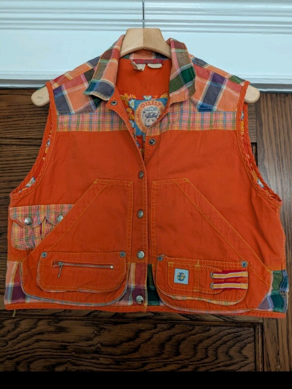 Oilily Orange Patchwork Cotton Vest with Plaid Accents Vintage Xs